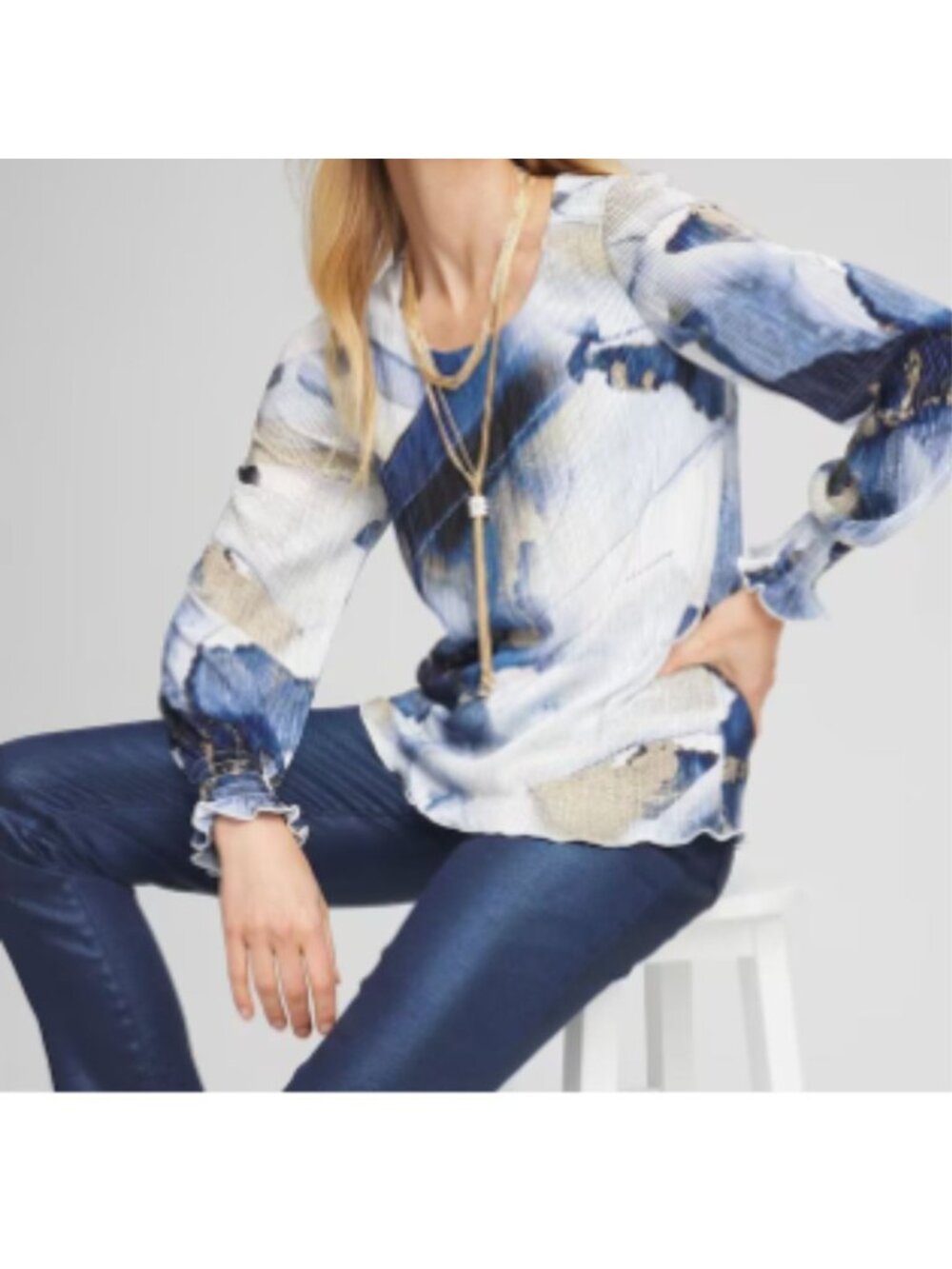 Chico's Foil Ocean Print Crinkle Blouse Top XL Long Sleeve Abstract Camp Artsy